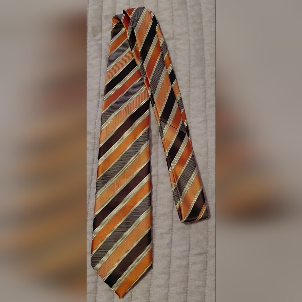 Bergamo New York 100% Polyester Hand Made Mens Tie, Burnt Orange, Brown & Silver